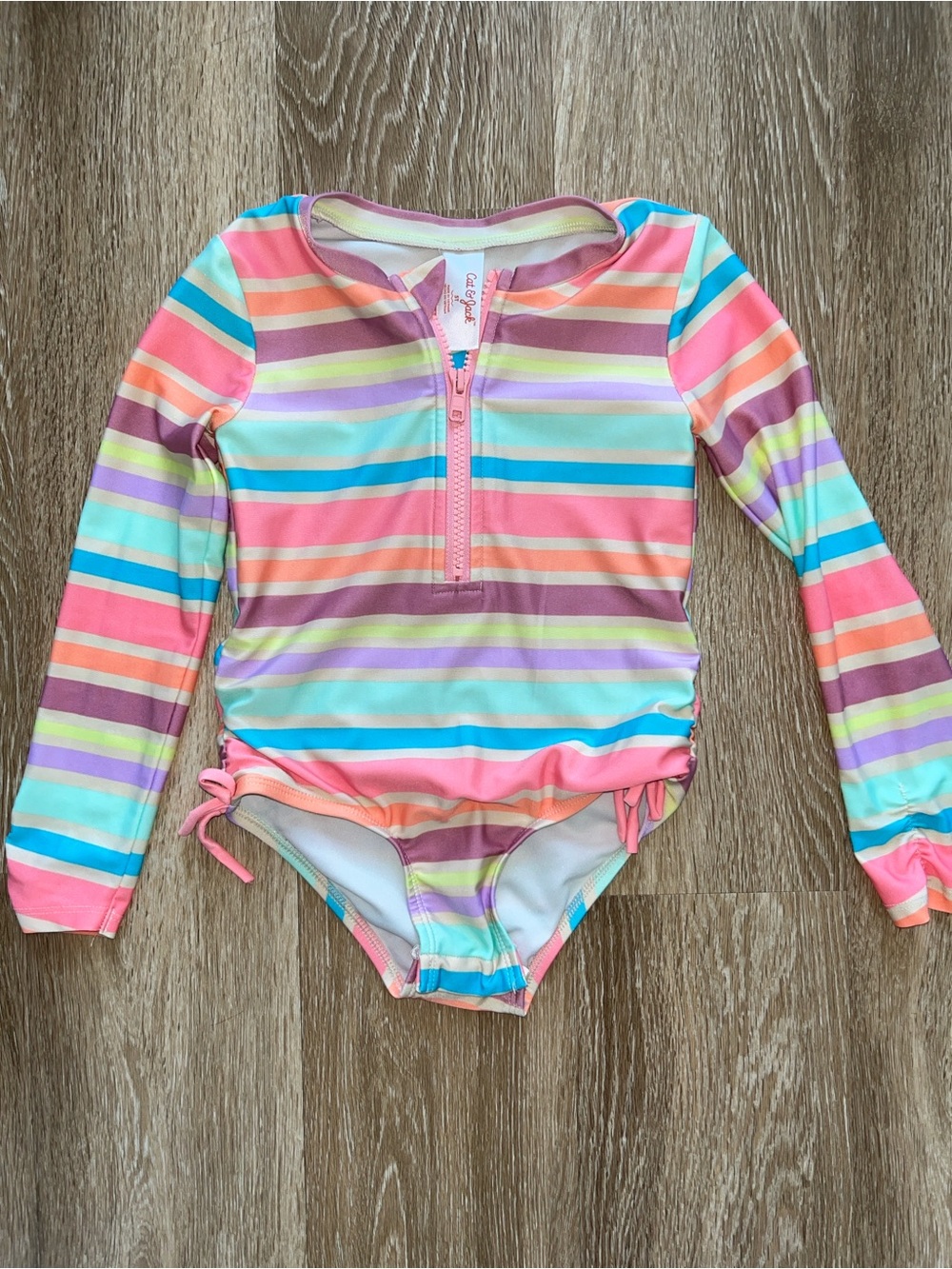 Cat & Jack Striped Long-Sleeve One-Piece Swimsuit in Pink, Blue & Peach
